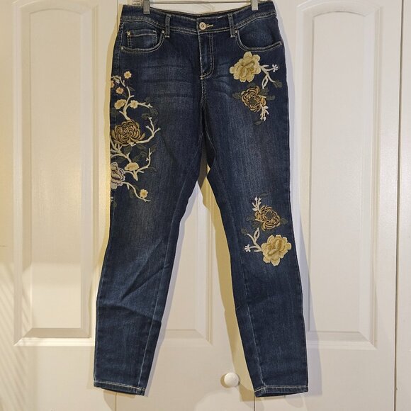 INC Womens Jeans Sz 8 Dark Wash Embroidered Floral Skinny Boho Chic Cottagecore - Picture 1 of 10
